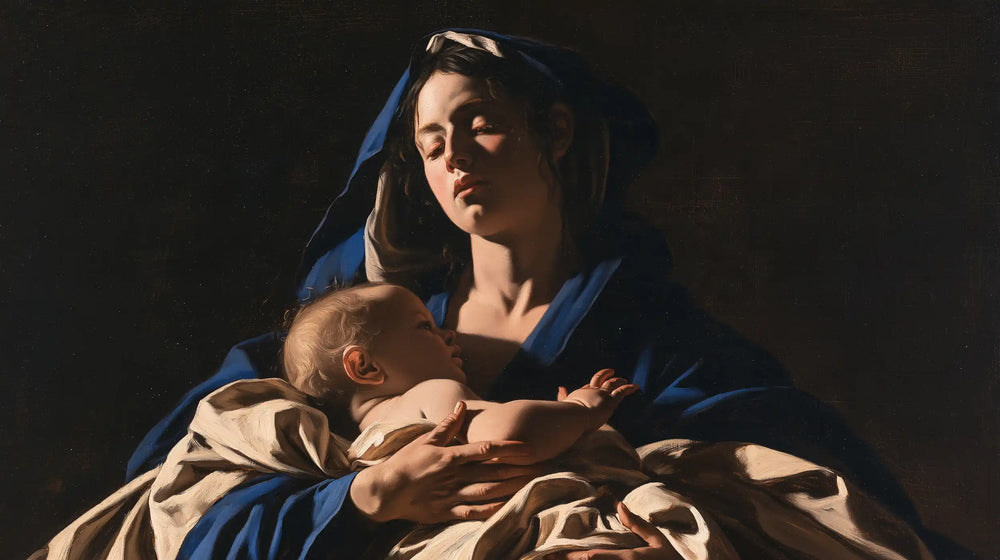 the Virgin Mary holding the Child Jesus in Caravaggio Tenebrism style, landscape Christian artwork no. 8