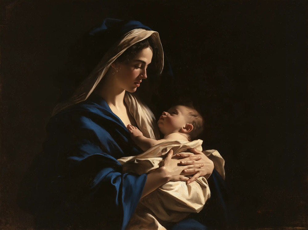 the Virgin Mary holding the Child Jesus in Caravaggio Tenebrism style, landscape Christian artwork no. 10