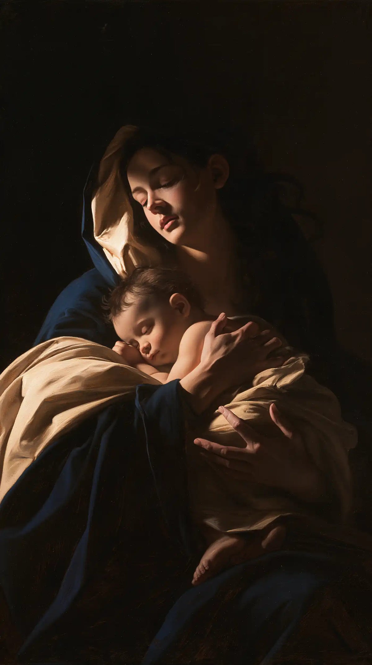 the Virgin Mary holding the Child Jesus in Caravaggio Tenebrism style, portrait Christian artwork no. 8