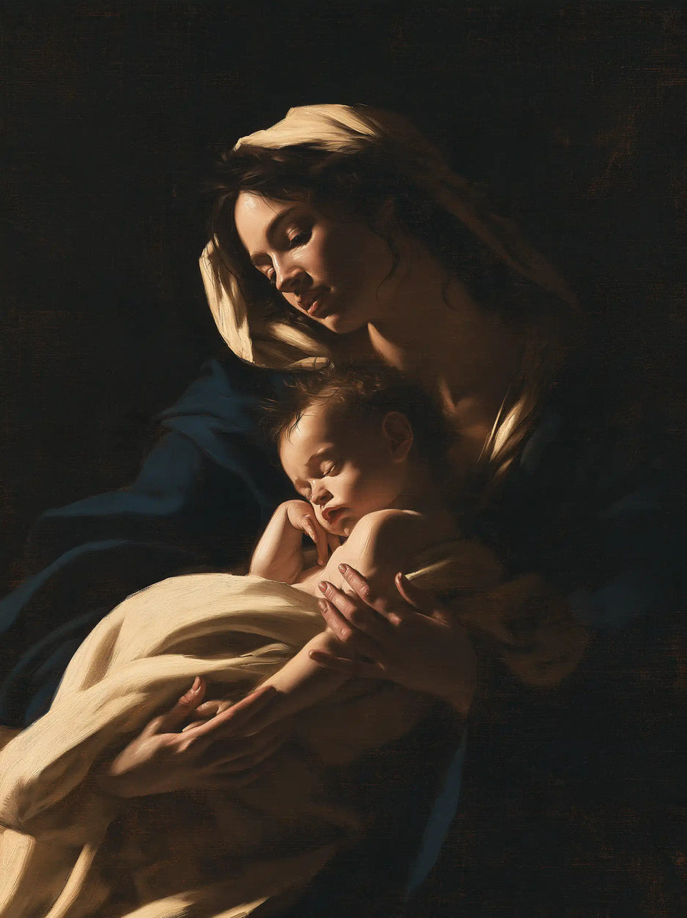 the Virgin Mary holding the Child Jesus in Caravaggio Tenebrism style, portrait Christian artwork no. 15
