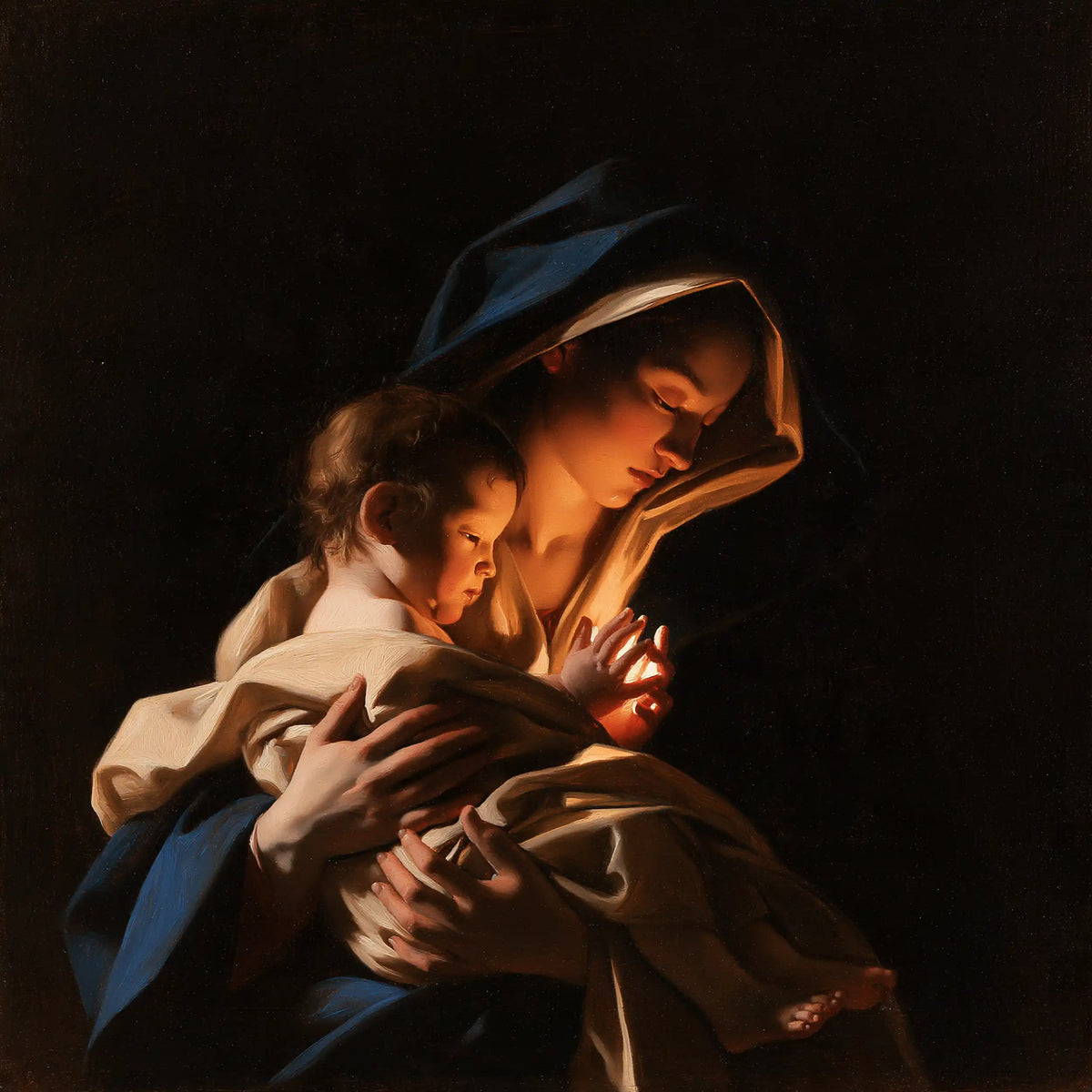 the Virgin Mary holding the Child Jesus in Caravaggio Tenebrism style, square Christian artwork no. 1