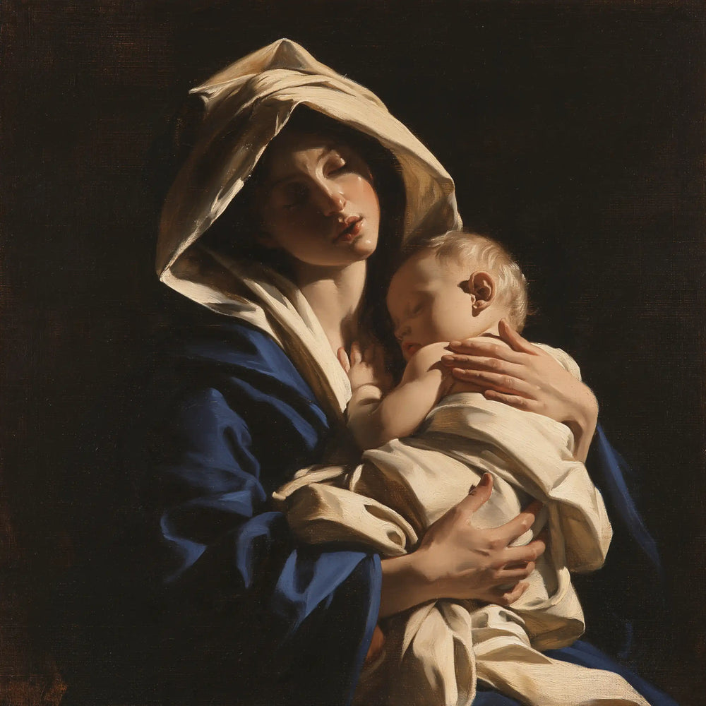 the Virgin Mary holding the Child Jesus in Caravaggio Tenebrism style, square Christian artwork no. 4