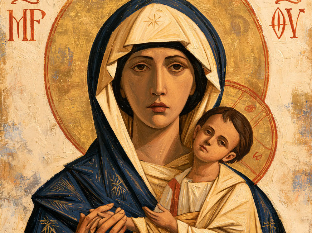 the Virgin Mary and the Child Jesus in Contemporary Byzantine style, landscape Christian artwork no. 3