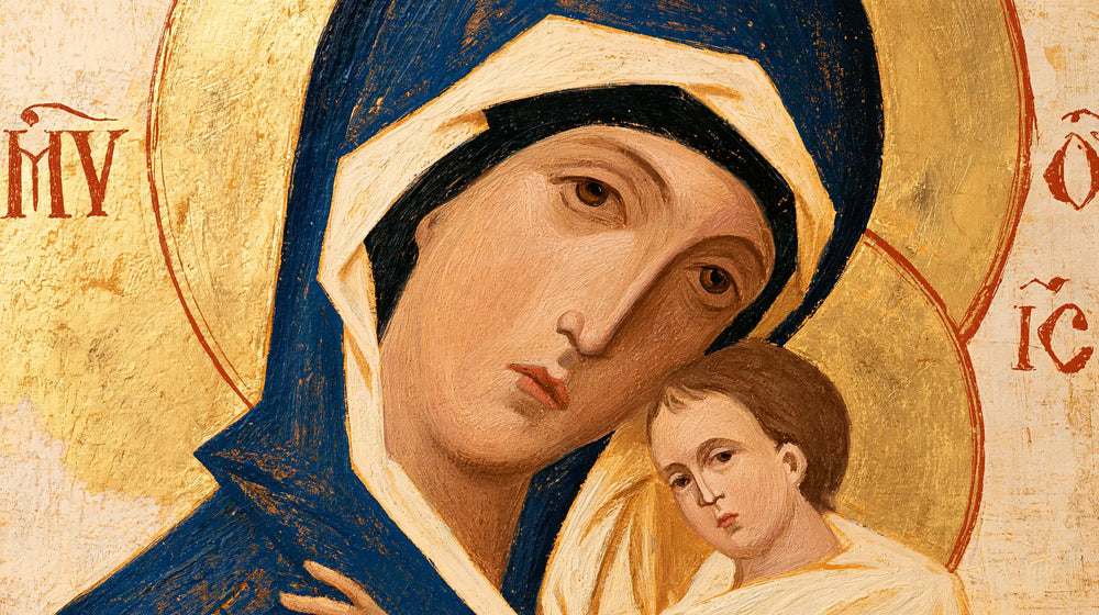 the Virgin Mary and the Child Jesus in Contemporary Byzantine style, landscape Christian artwork no. 9
