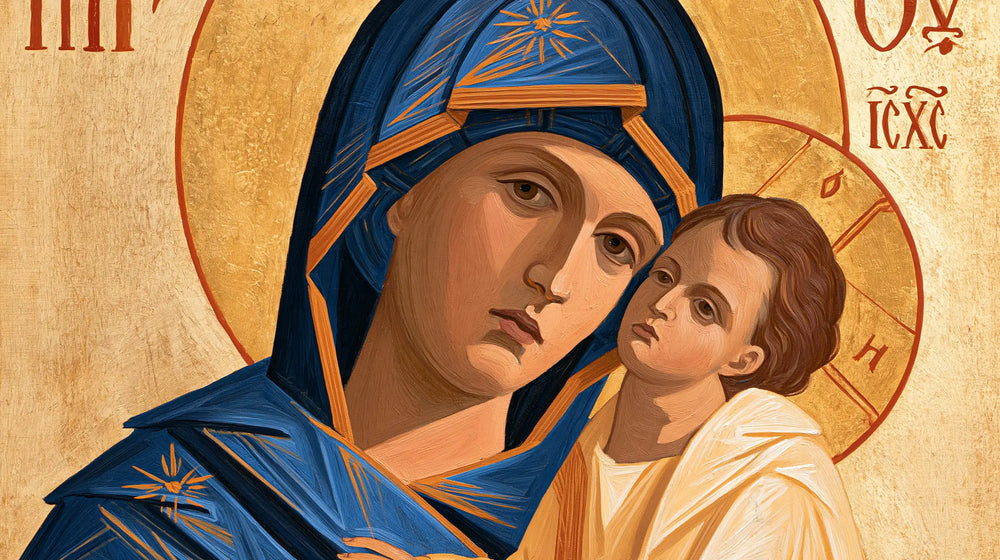 the Virgin Mary and the Child Jesus in Contemporary Byzantine style, landscape Christian artwork no. 12
