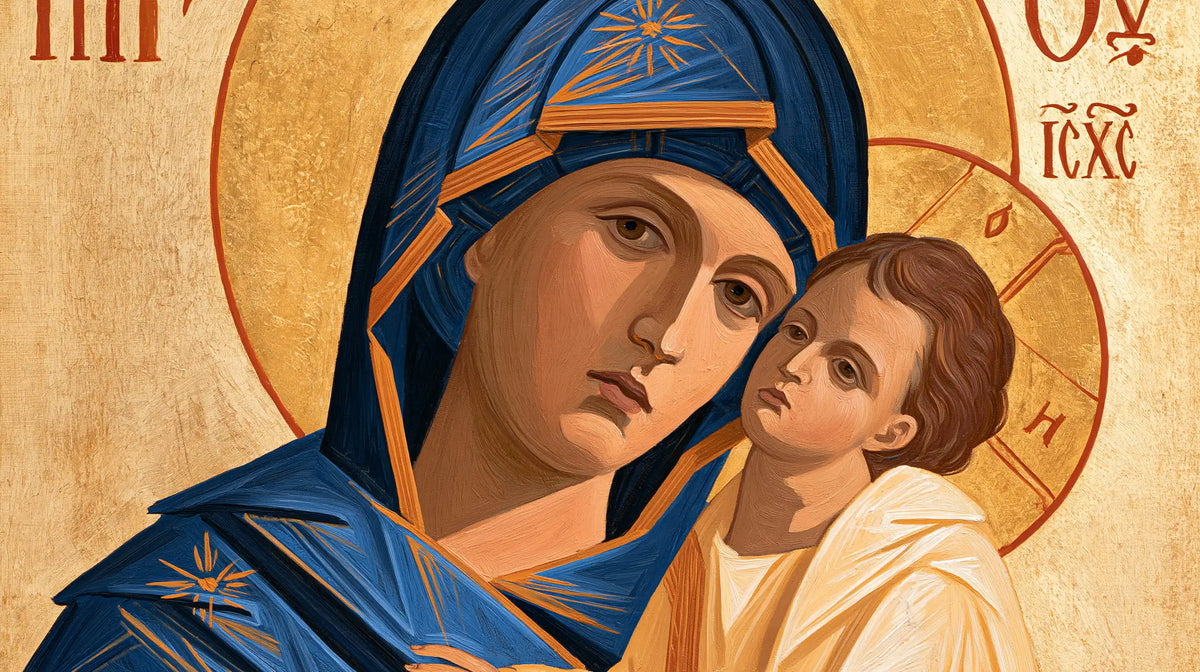 the Virgin Mary and the Child Jesus in Contemporary Byzantine style, landscape Christian artwork no. 12