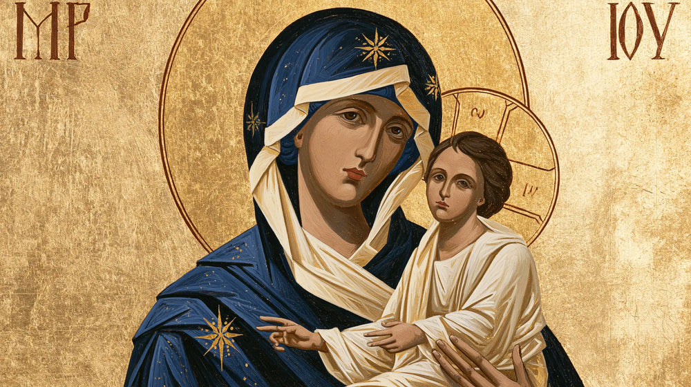 the Virgin Mary and the Child Jesus in Contemporary Byzantine style, landscape Christian artwork no. 13