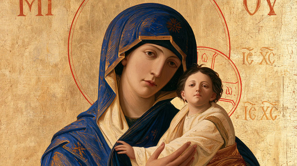 the Virgin Mary and the Child Jesus in Contemporary Byzantine style, landscape Christian artwork no. 14