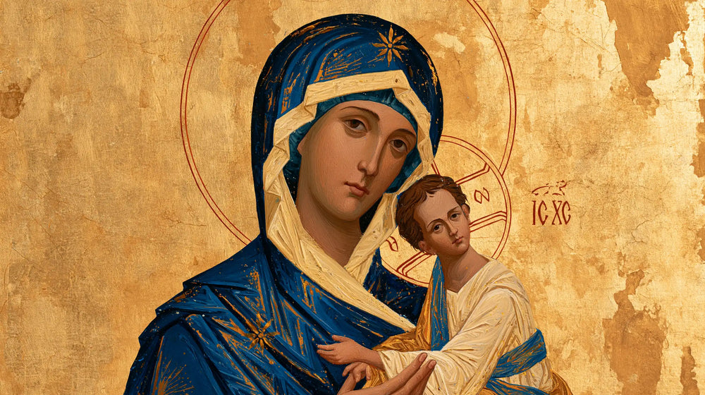 the Virgin Mary and the Child Jesus in Contemporary Byzantine style, landscape Christian artwork no. 16