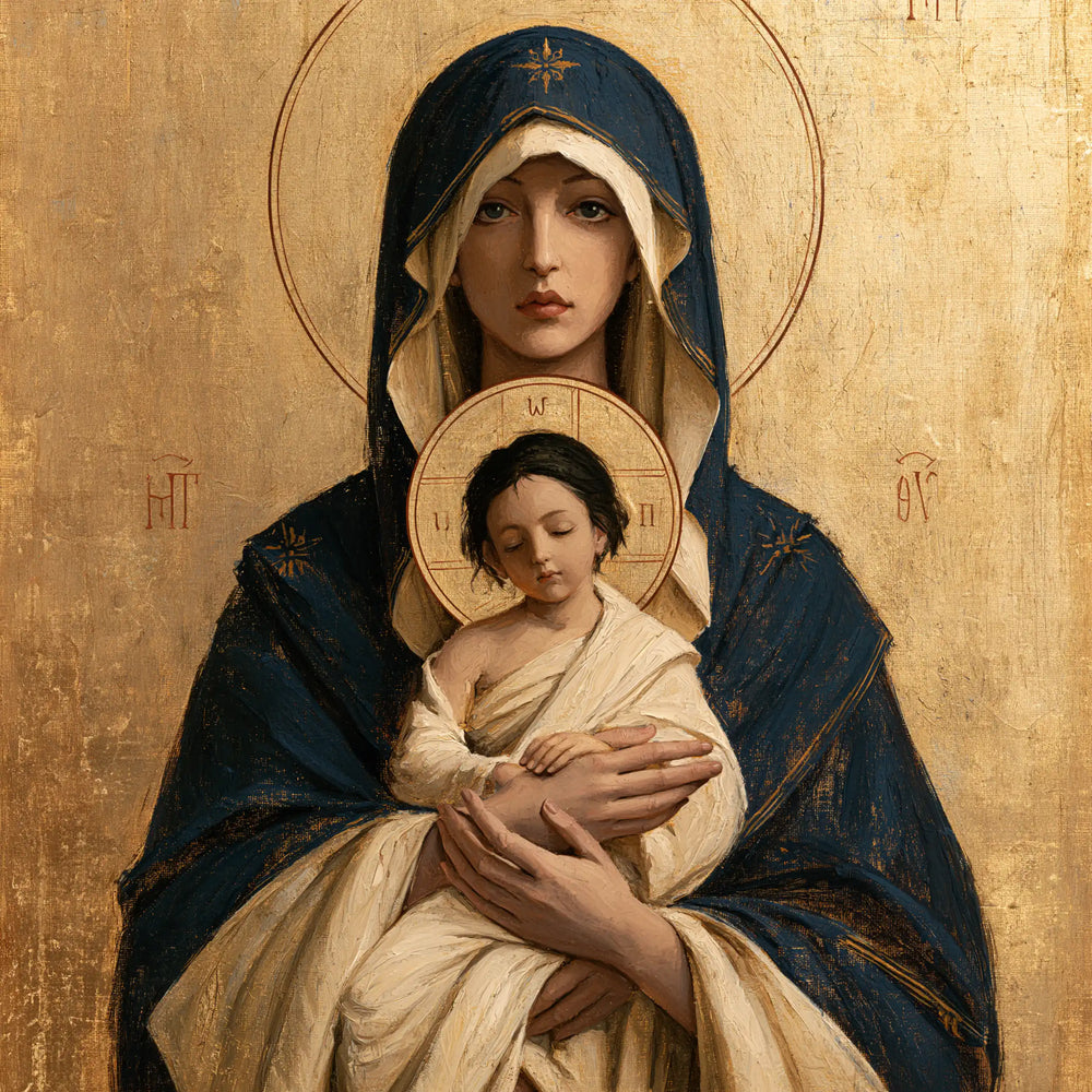 the Virgin Mary and the Child Jesus in Contemporary Byzantine style, square Christian artwork no. 1