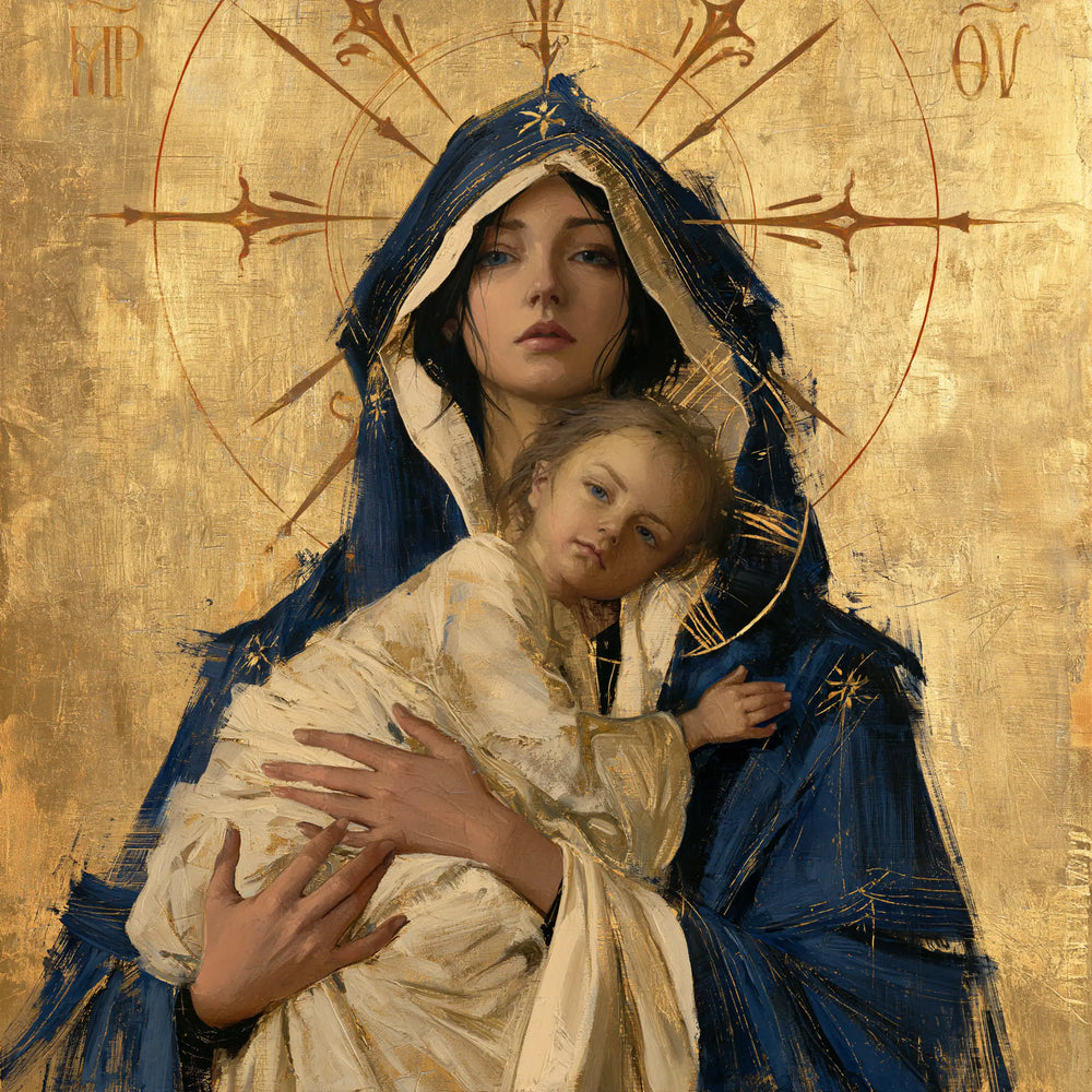 the Virgin Mary and the Child Jesus in Contemporary Byzantine style, square Christian artwork no. 8