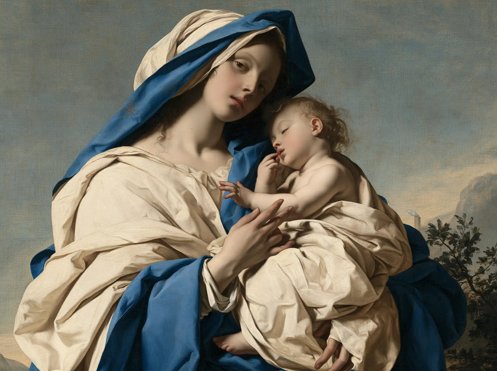 the Virgin Mary with the Child Jesus in Florentine Renaissance style, landscape Christian artwork no. 1