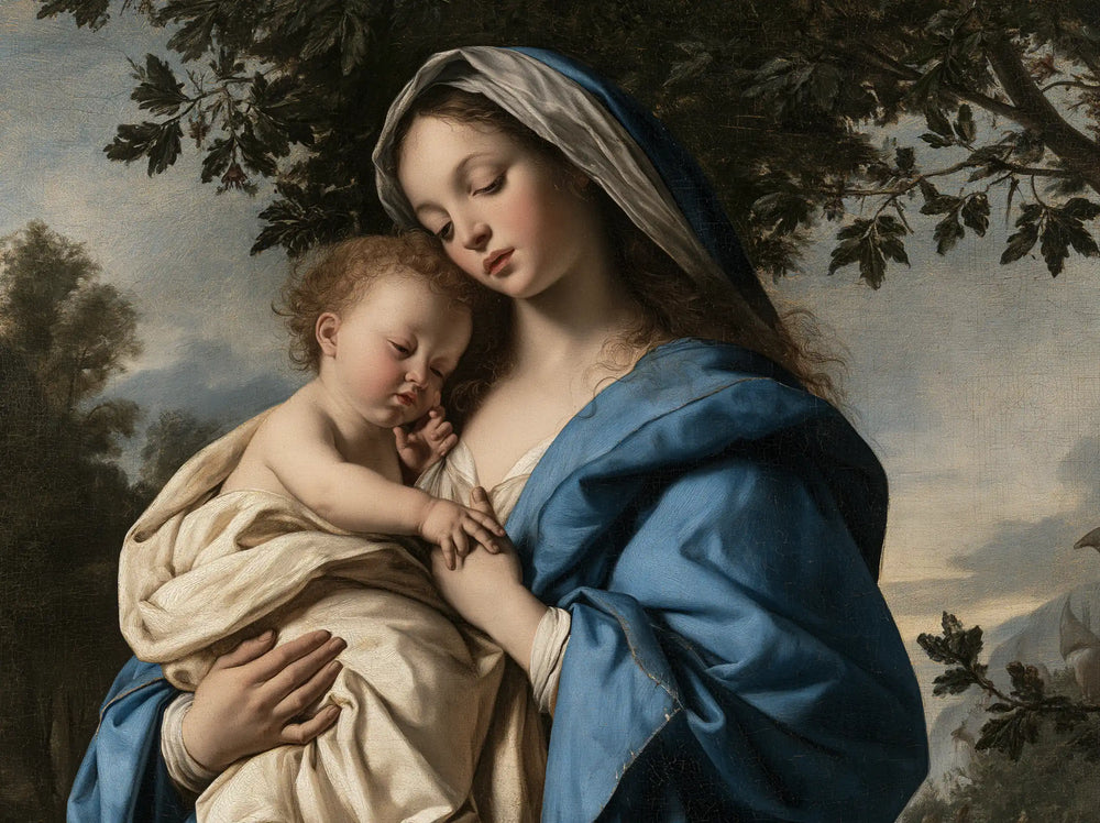 the Virgin Mary with the Child Jesus in Florentine Renaissance style, landscape Christian artwork no. 2