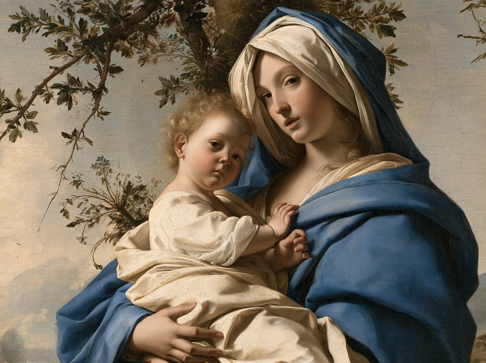 the Virgin Mary with the Child Jesus in Florentine Renaissance style, landscape Christian artwork no. 3