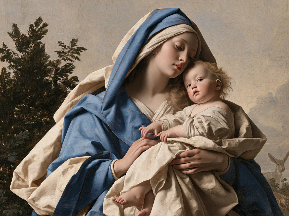 the Virgin Mary with the Child Jesus in Florentine Renaissance style, landscape Christian artwork no. 4