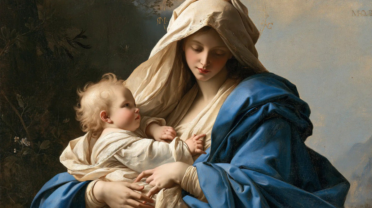 the Virgin Mary with the Child Jesus in Florentine Renaissance style, landscape Christian artwork no. 16