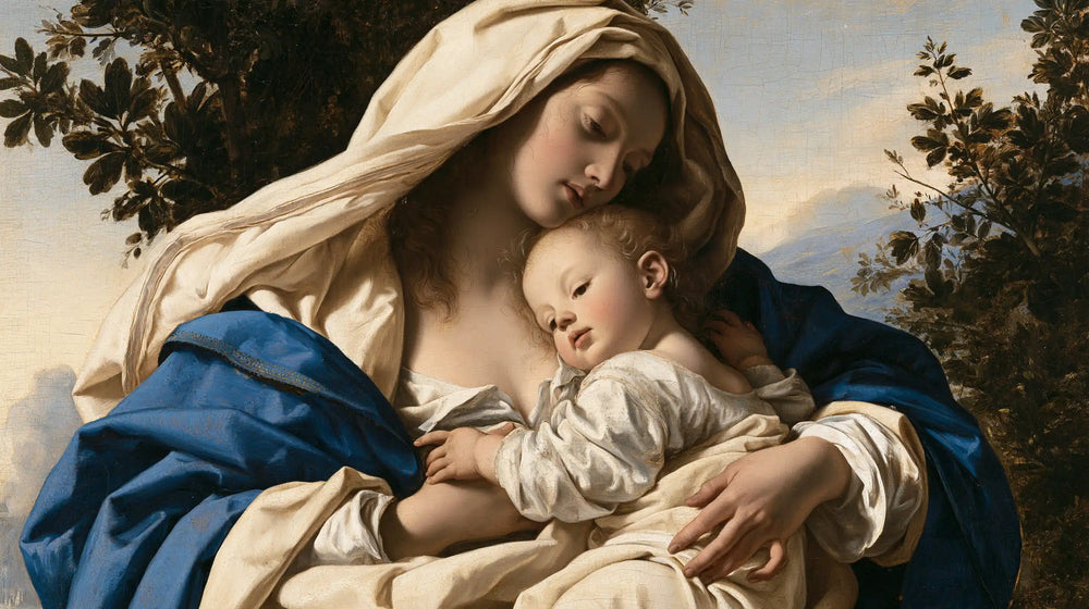 the Virgin Mary with the Child Jesus in Florentine Renaissance style, landscape Christian artwork no. 18