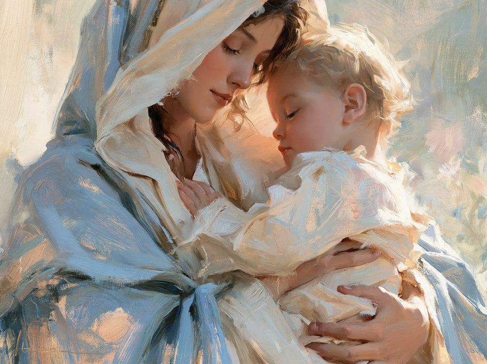 the Virgin Mary and the Child Jesus together in Impressionist style, landscape Christian artwork no. 10
