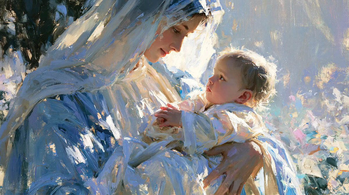 the Virgin Mary and the Child Jesus together in Impressionist style, landscape Christian artwork no. 14