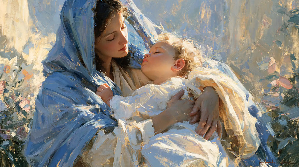 the Virgin Mary and the Child Jesus together in Impressionist style, landscape Christian artwork no. 21