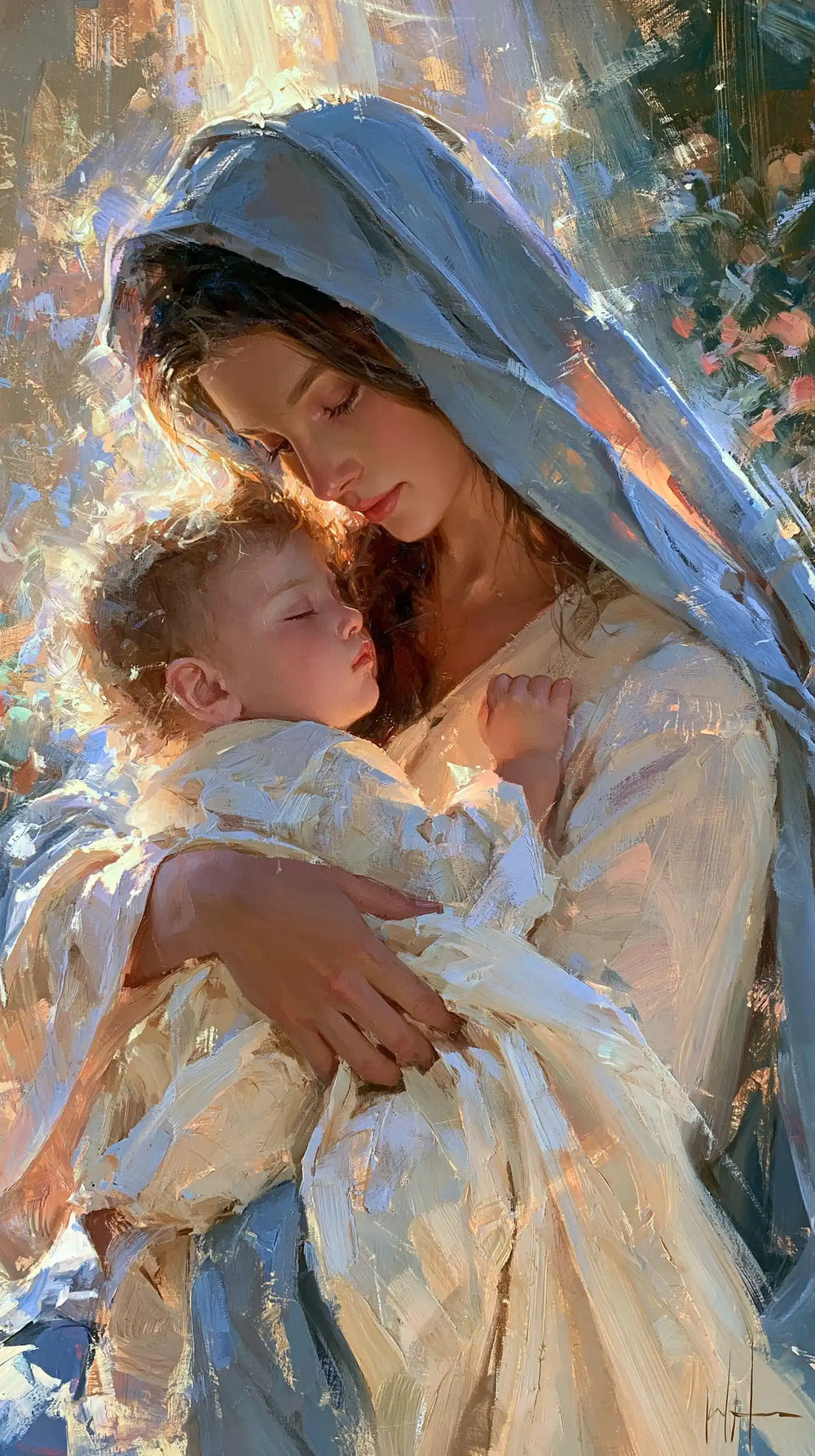 the Virgin Mary and the Child Jesus together in Impressionist style, portrait Christian artwork no. 1