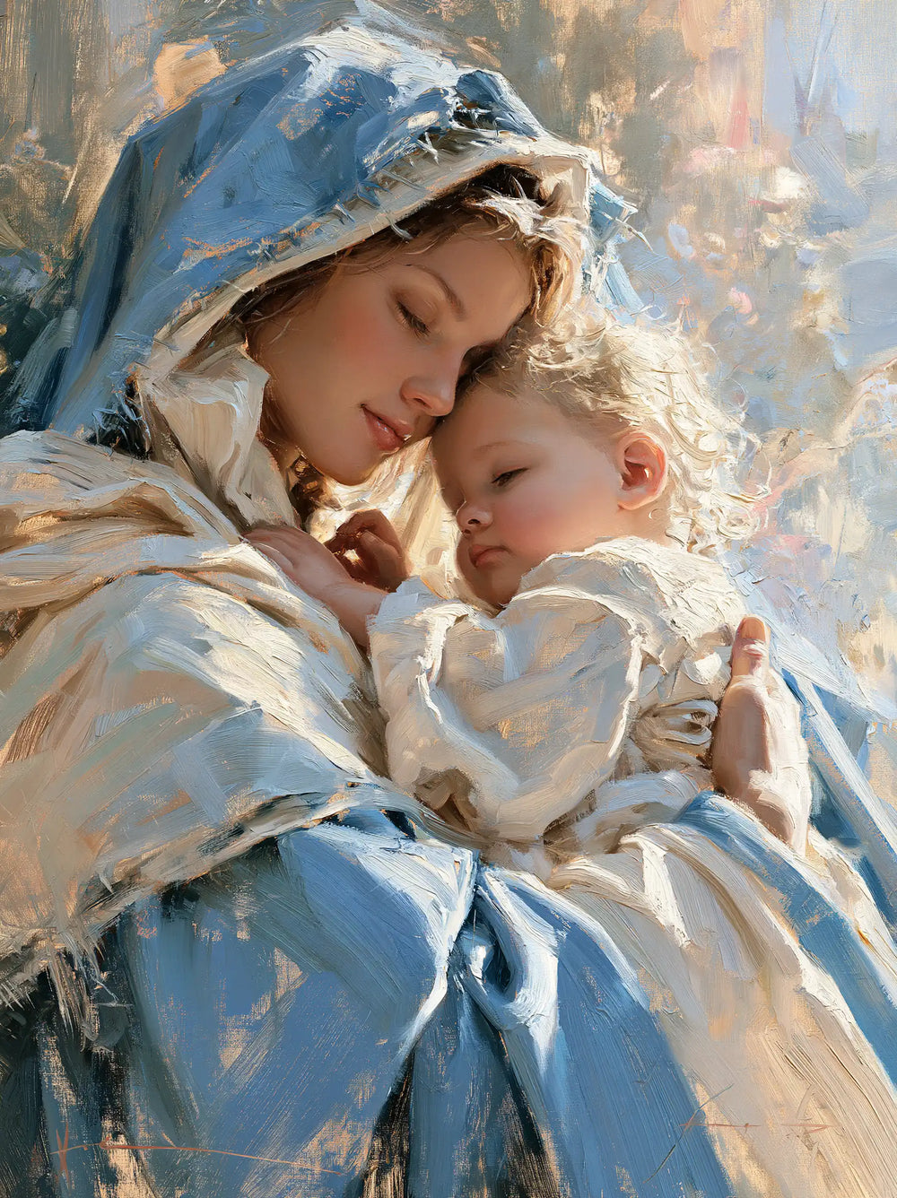 the Virgin Mary and the Child Jesus together in Impressionist style, portrait Christian artwork no. 11