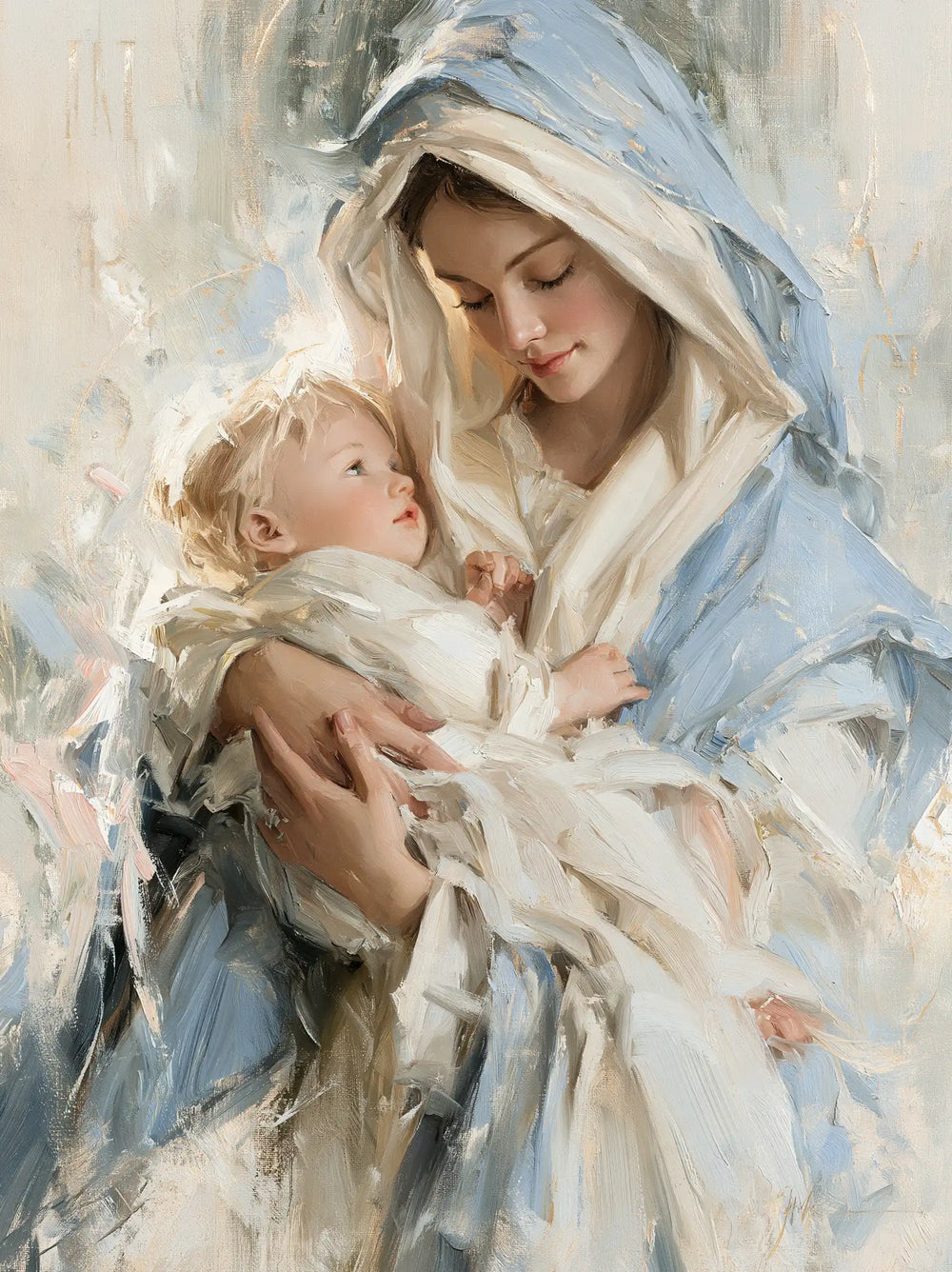 the Virgin Mary and the Child Jesus together in Impressionist style, portrait Christian artwork no. 15