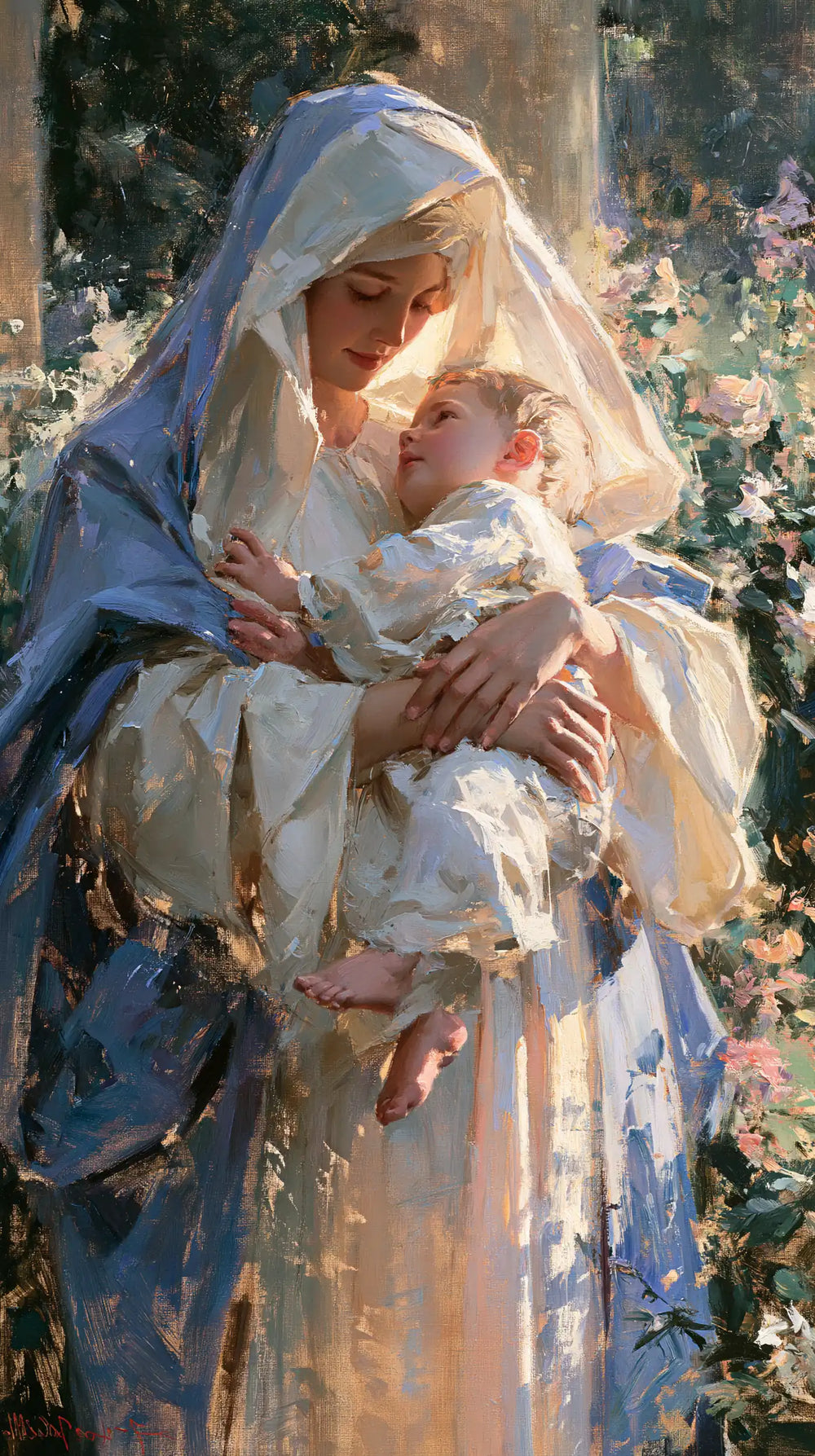 the Virgin Mary and the Child Jesus together in Impressionist style, portrait Christian artwork no. 28