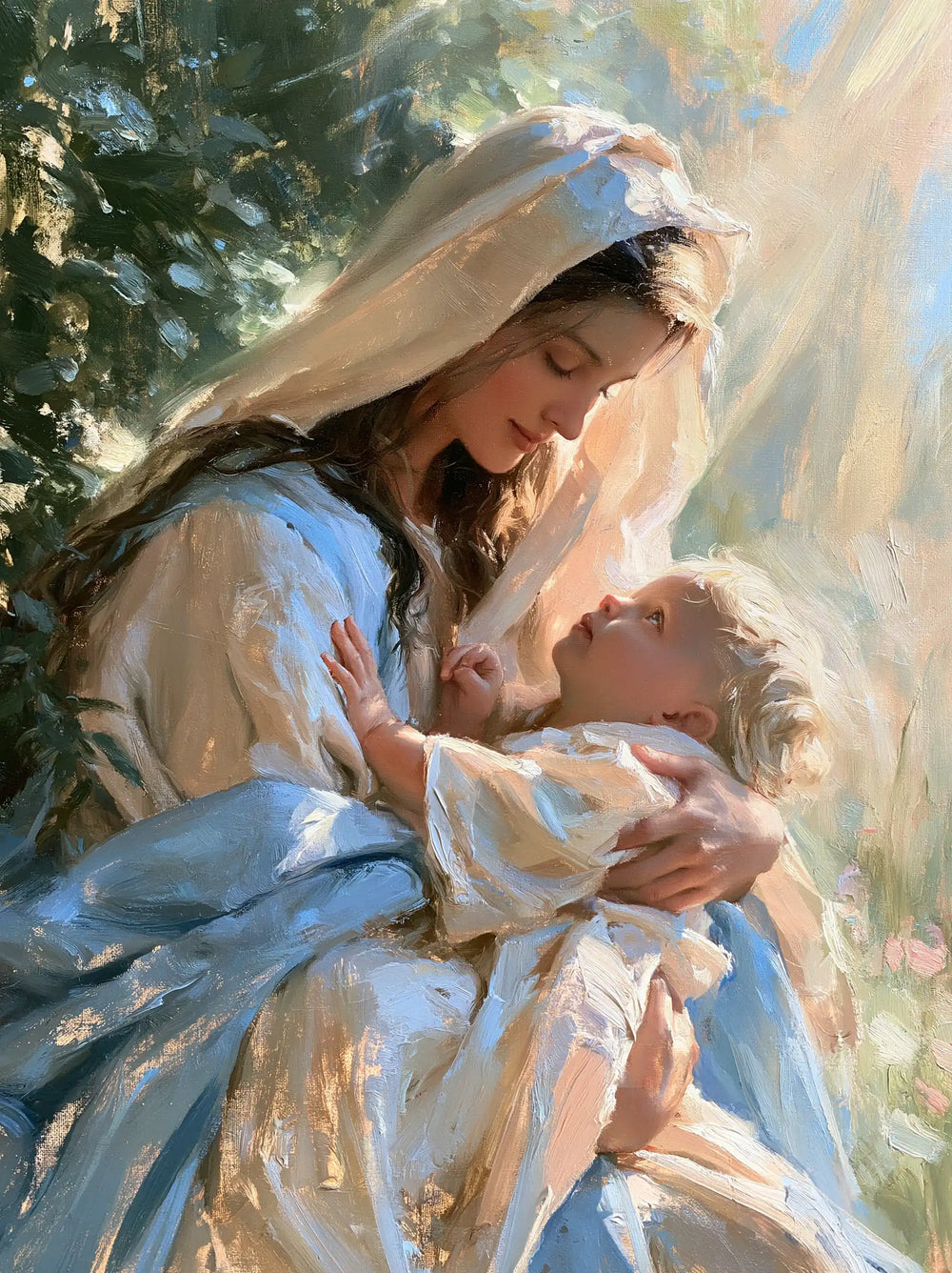 the Virgin Mary and the Child Jesus together in Impressionist style, portrait Christian artwork no. 35