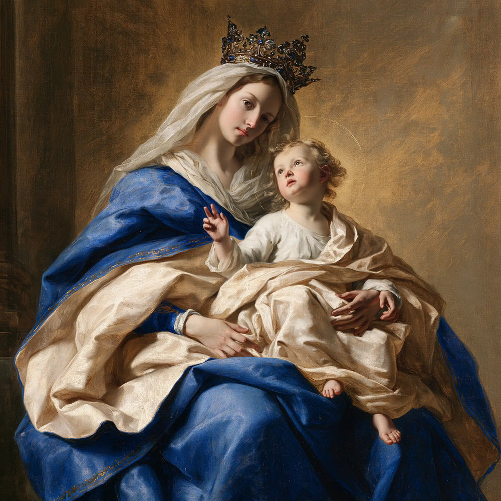 the majestic Virgin Mary with the Child Jesus in Majestic Virgin and Child style, square Christian artwork no. 6