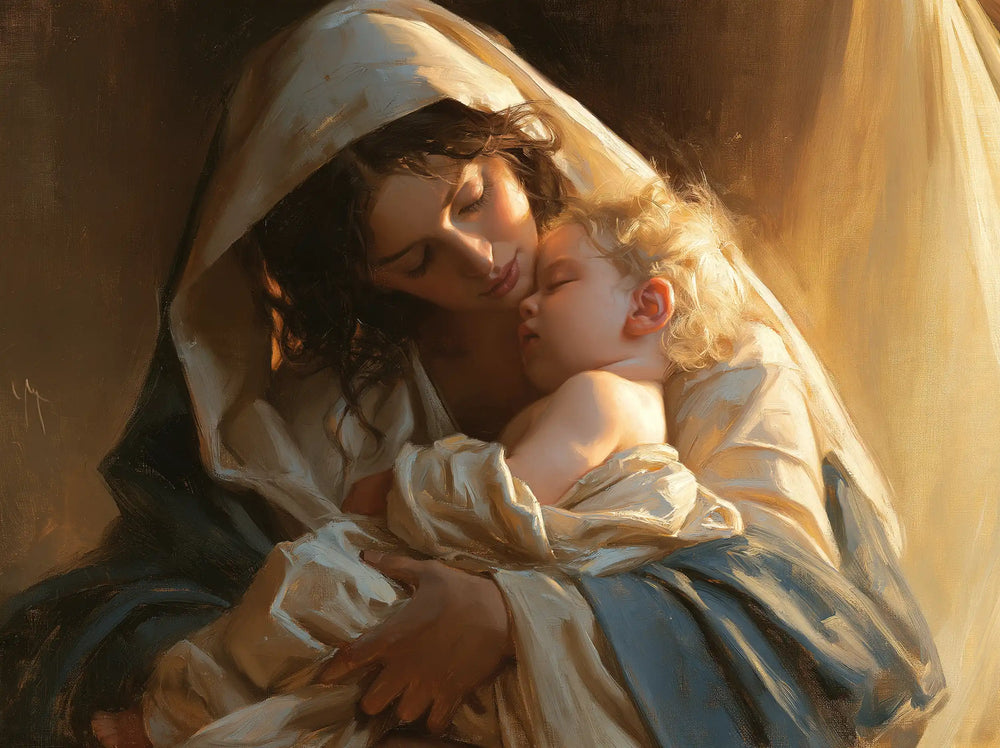 the Virgin Mary embracing the Child Jesus in Mary Embracing the Child Jesus style, landscape Christian artwork no. 3