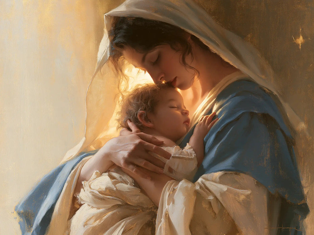 the Virgin Mary embracing the Child Jesus in Mary Embracing the Child Jesus style, landscape Christian artwork no. 7