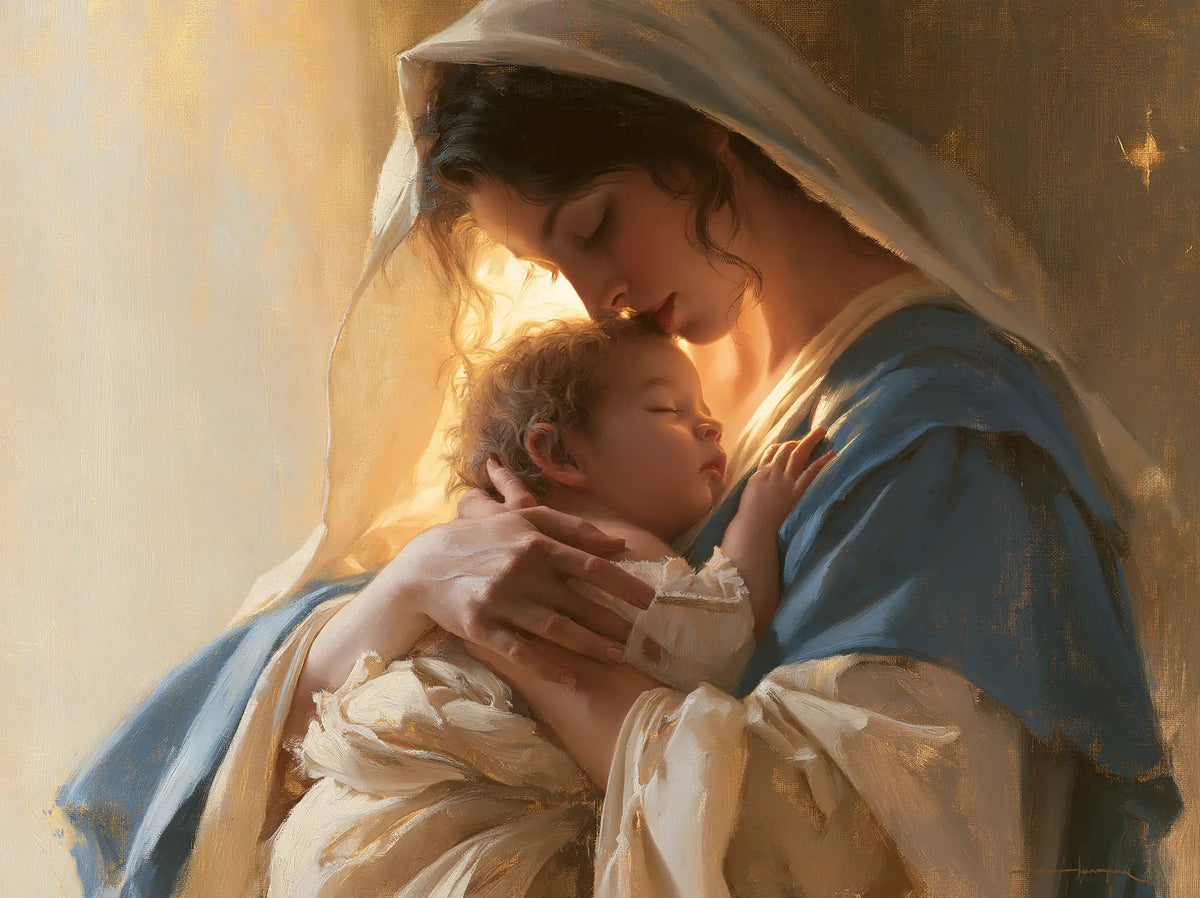 the Virgin Mary embracing the Child Jesus in Mary Embracing the Child Jesus style, landscape Christian artwork no. 7