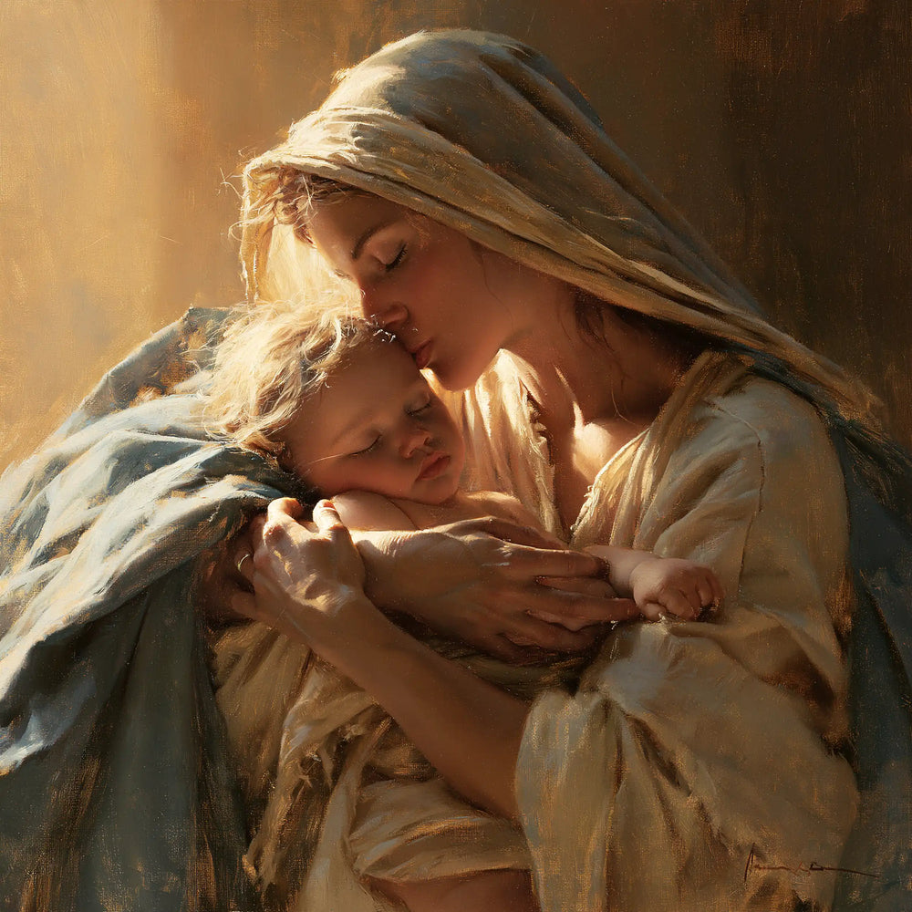 the Virgin Mary embracing the Child Jesus in Mary Embracing the Child Jesus style, square Christian artwork no. 1