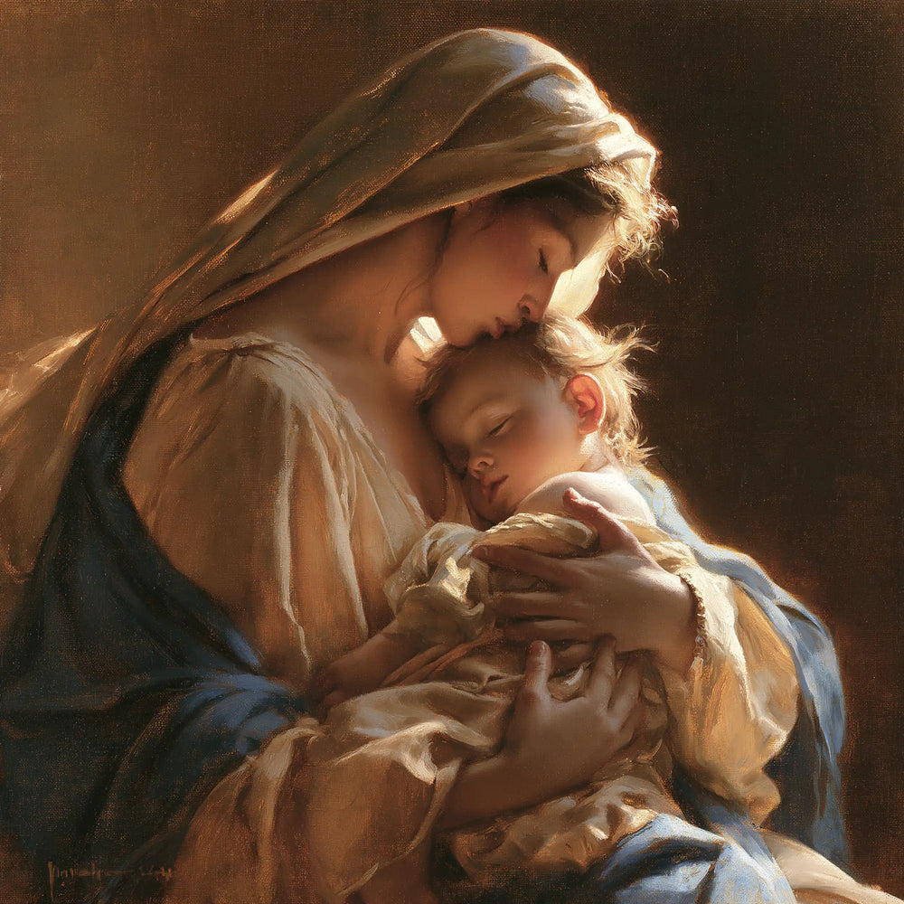 the Virgin Mary embracing the Child Jesus in Mary Embracing the Child Jesus style, square Christian artwork no. 4