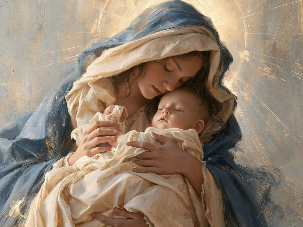 the Virgin Mary presenting the Child Jesus in Mary Presenting the Child Jesus style, landscape Christian artwork no. 6