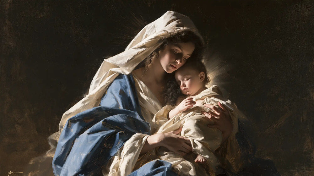 the Virgin Mary presenting the Child Jesus in Mary Presenting the Child Jesus style, landscape Christian artwork no. 16