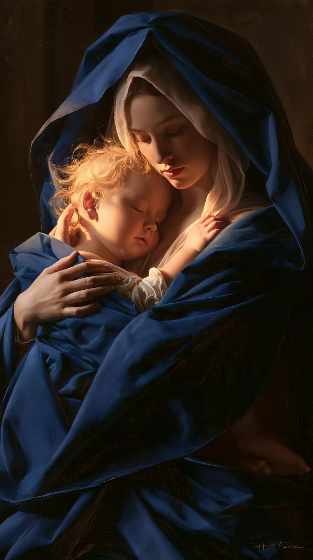 the Virgin Mary protecting the Child Jesus beneath her mantle in Mary Protecting Jesus Beneath Her Mantle style, portrait Christian artwork no. 3