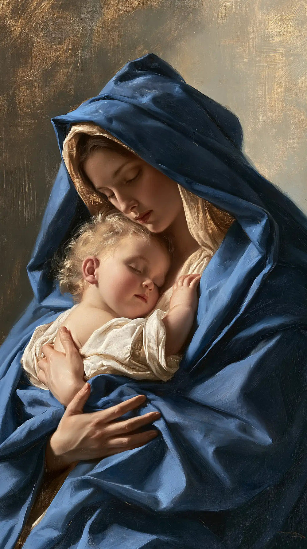 the Virgin Mary protecting the Child Jesus beneath her mantle in Mary Protecting Jesus Beneath Her Mantle style, portrait Christian artwork no. 4