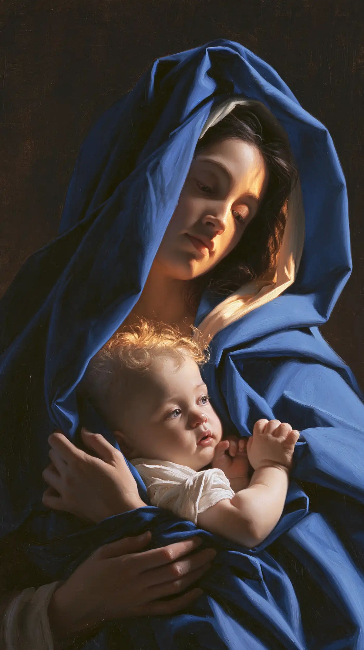 the Virgin Mary protecting the Child Jesus beneath her mantle in Mary Protecting Jesus Beneath Her Mantle style, portrait Christian artwork no. 7