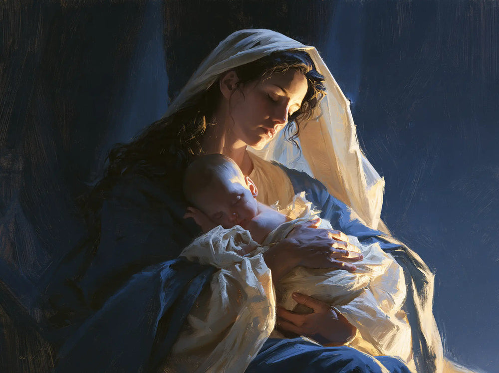 the Virgin Mary and the Child Jesus in Midnight Blue Chiaroscuro style, landscape Christian artwork no. 2