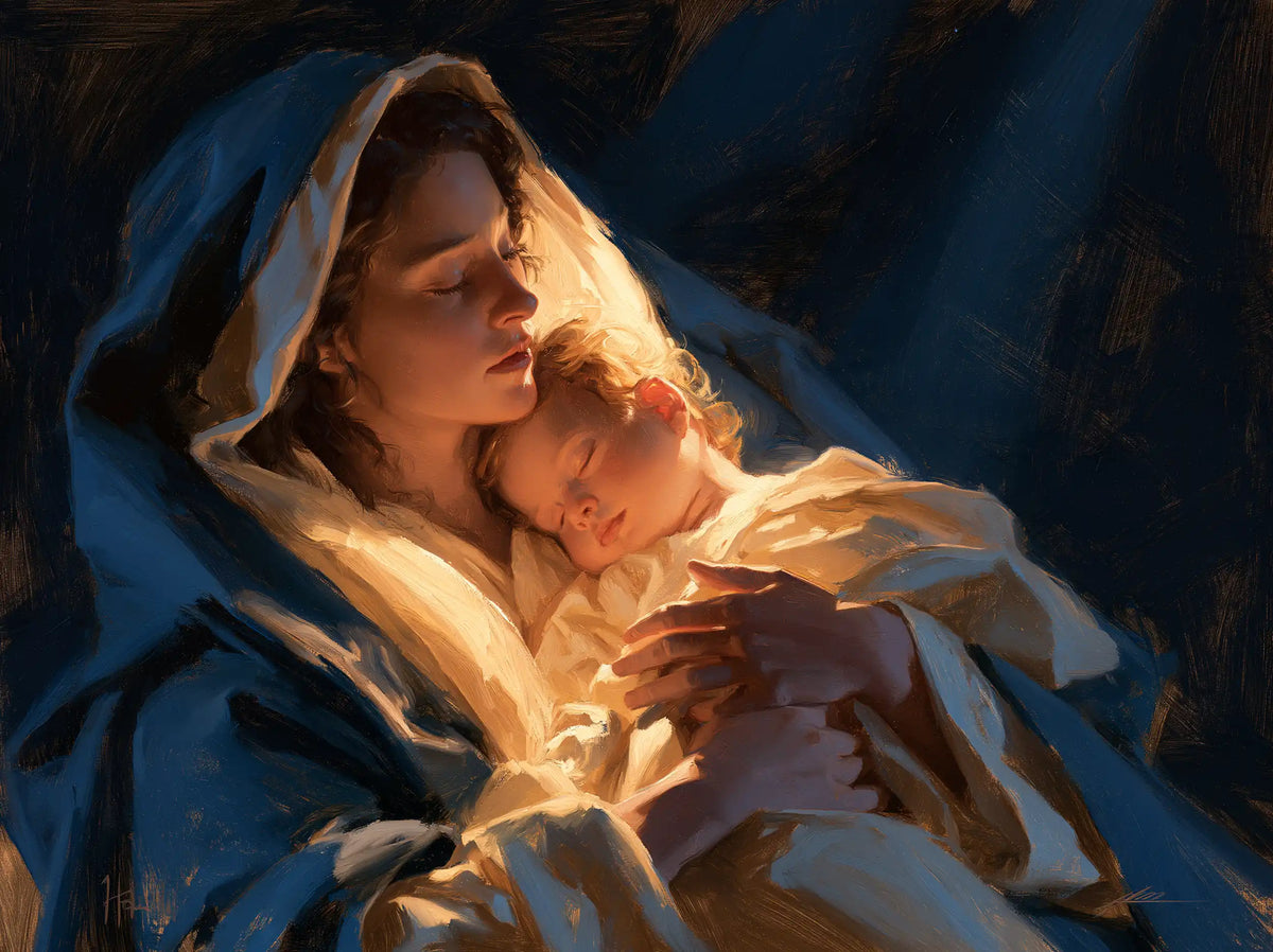 the Virgin Mary and the Child Jesus in Midnight Blue Chiaroscuro style, landscape Christian artwork no. 4