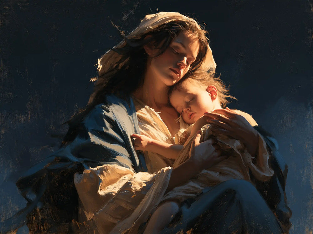 the Virgin Mary and the Child Jesus in Midnight Blue Chiaroscuro style, landscape Christian artwork no. 5