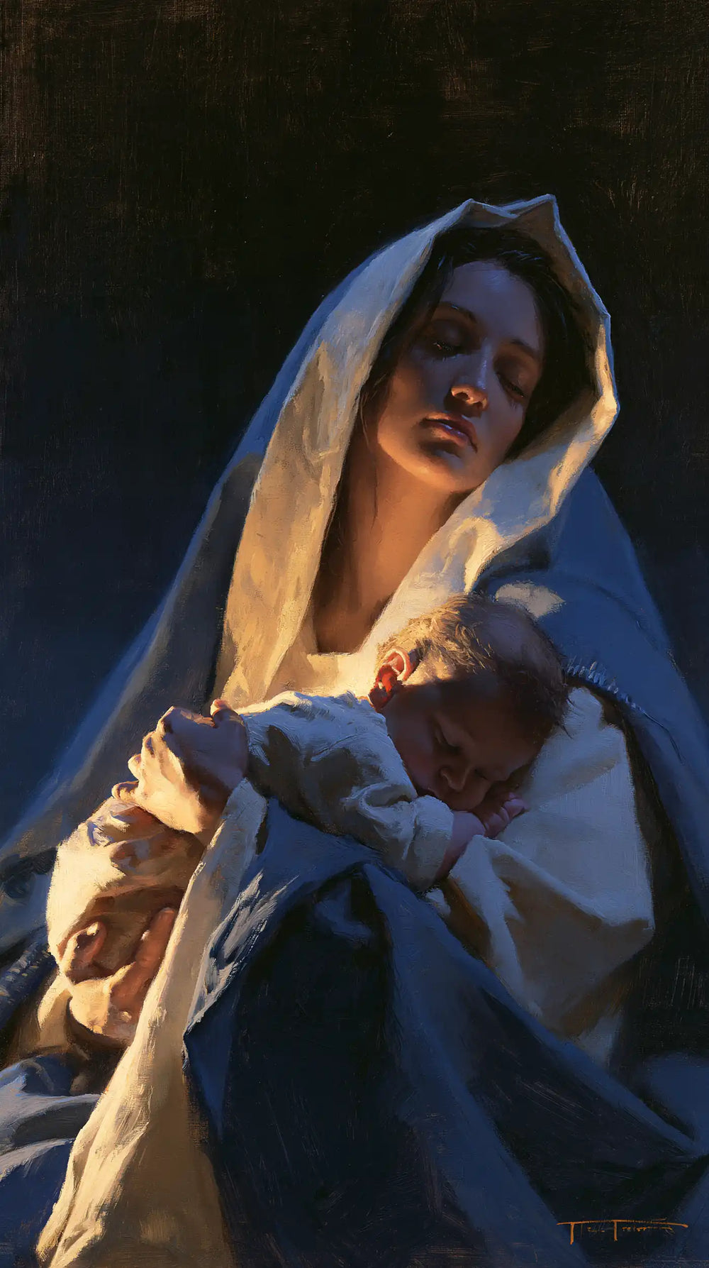 the Virgin Mary and the Child Jesus in Midnight Blue Chiaroscuro style, portrait Christian artwork no. 4