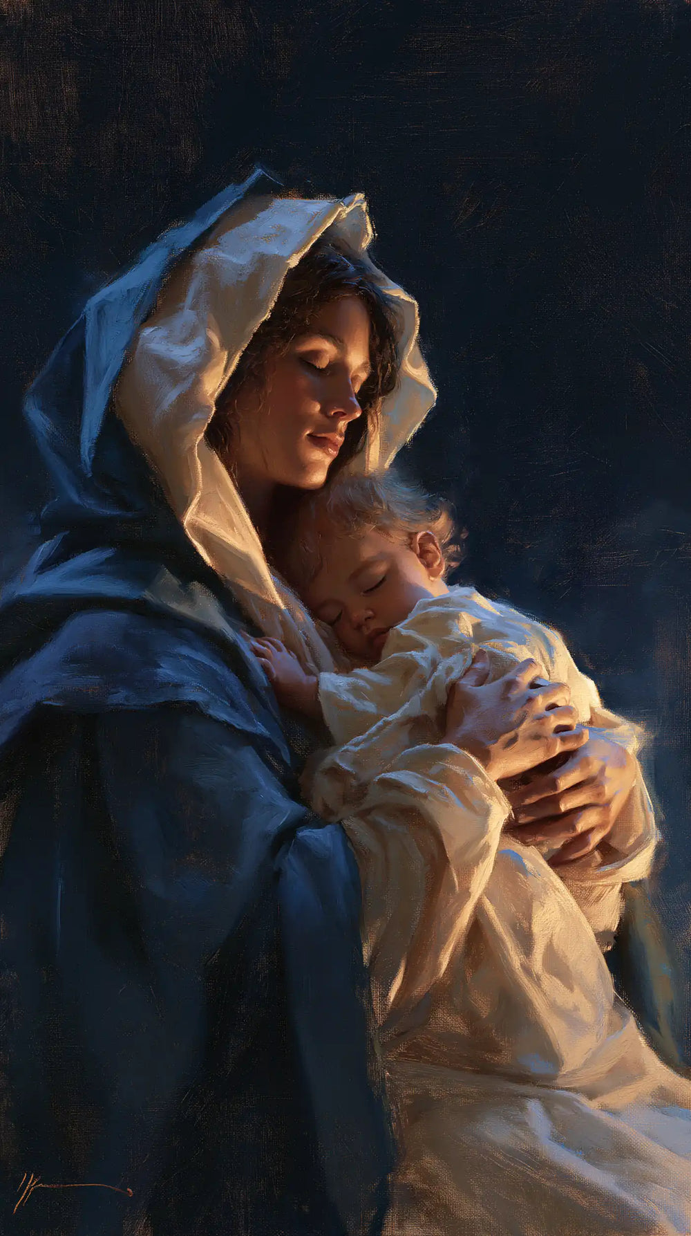 the Virgin Mary and the Child Jesus in Midnight Blue Chiaroscuro style, portrait Christian artwork no. 5