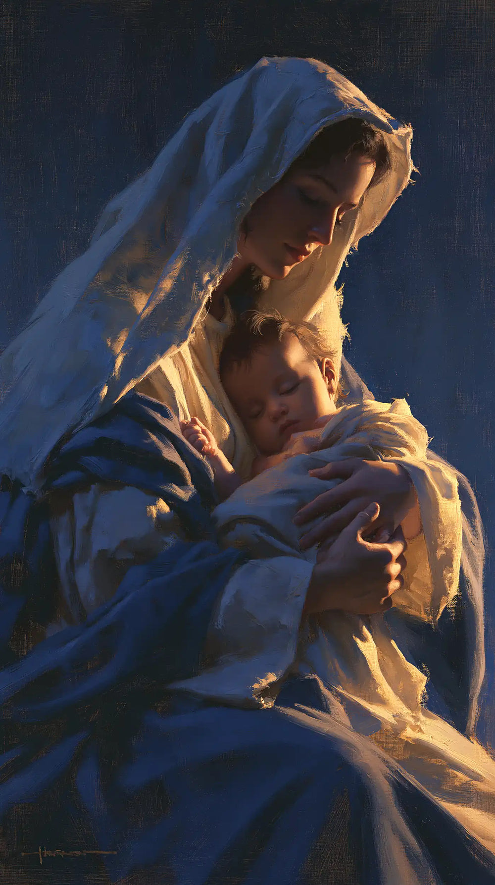 the Virgin Mary and the Child Jesus in Midnight Blue Chiaroscuro style, portrait Christian artwork no. 6