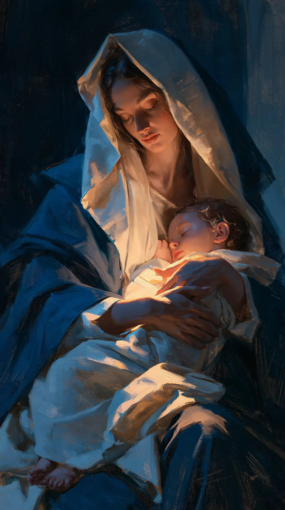 the Virgin Mary and the Child Jesus in Midnight Blue Chiaroscuro style, portrait Christian artwork no. 8