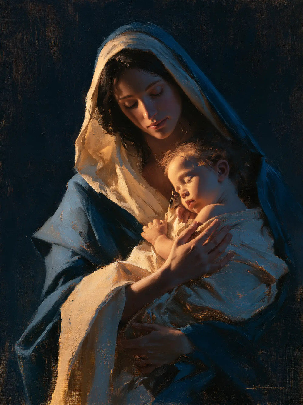 the Virgin Mary and the Child Jesus in Midnight Blue Chiaroscuro style, portrait Christian artwork no. 20