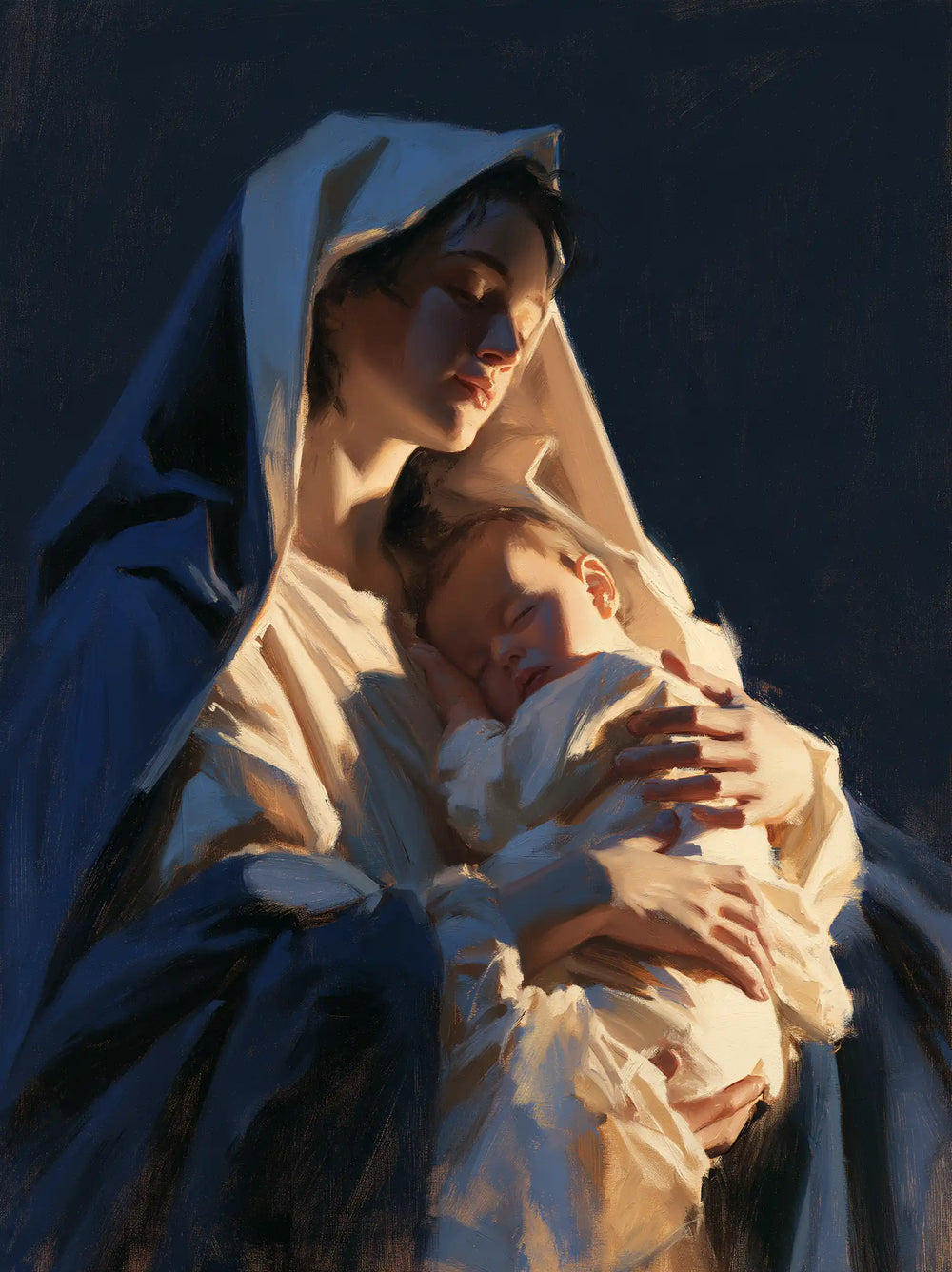 the Virgin Mary and the Child Jesus in Midnight Blue Chiaroscuro style, portrait Christian artwork no. 21