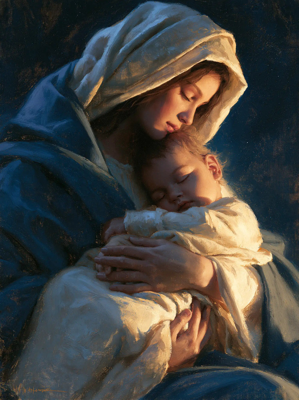 the Virgin Mary and the Child Jesus in Midnight Blue Chiaroscuro style, portrait Christian artwork no. 22